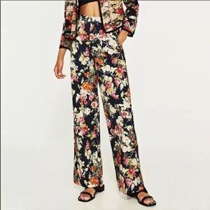Zara NWT Floral Pants Poplin Trousers Long Palazzo XSMALL